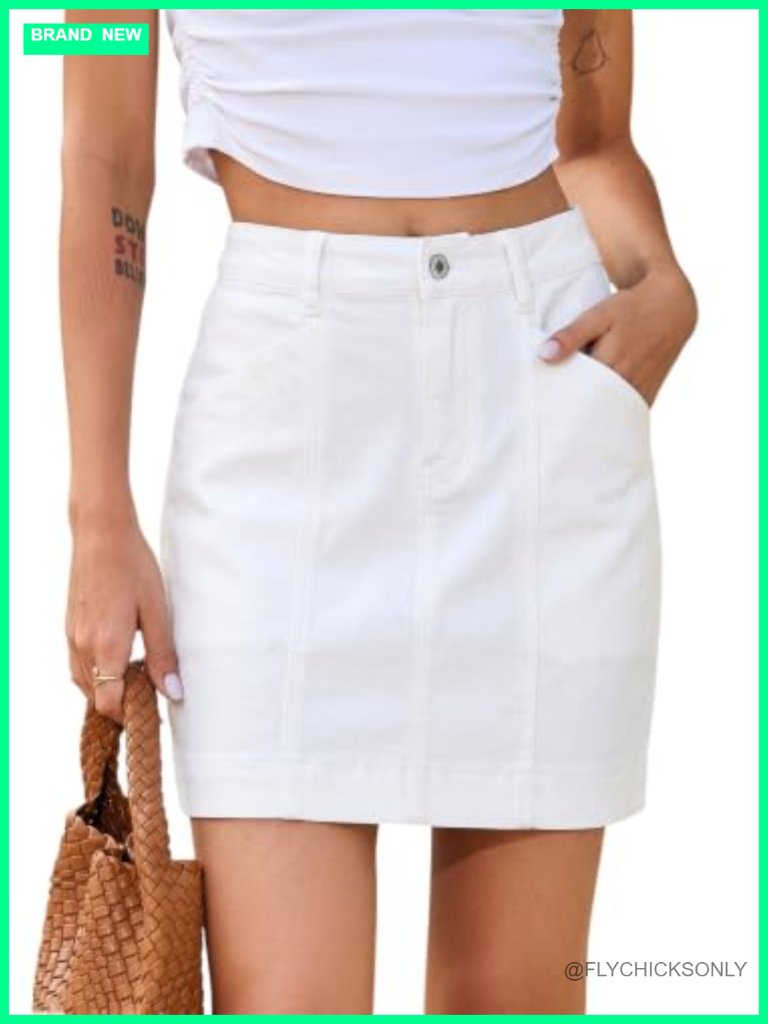 High Waisted Mini Denim Skirt With Pockets Front Seam Stretch Casual Trendy